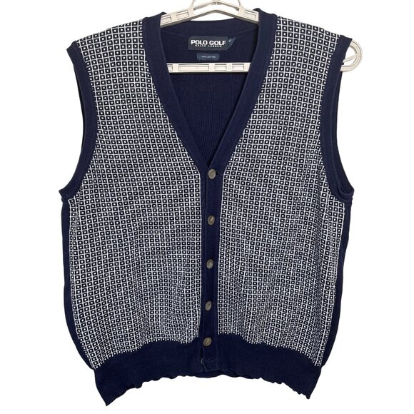 Polo Ralph Lauren Golf Vest Size Large Classic Cotton Button Front Navy White - Picture 1 of 7